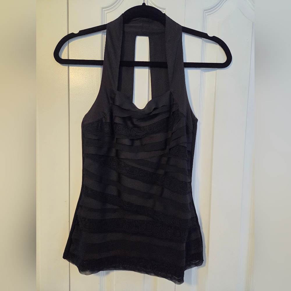 White House Black Market Black Lace Layered Halter Tank Top